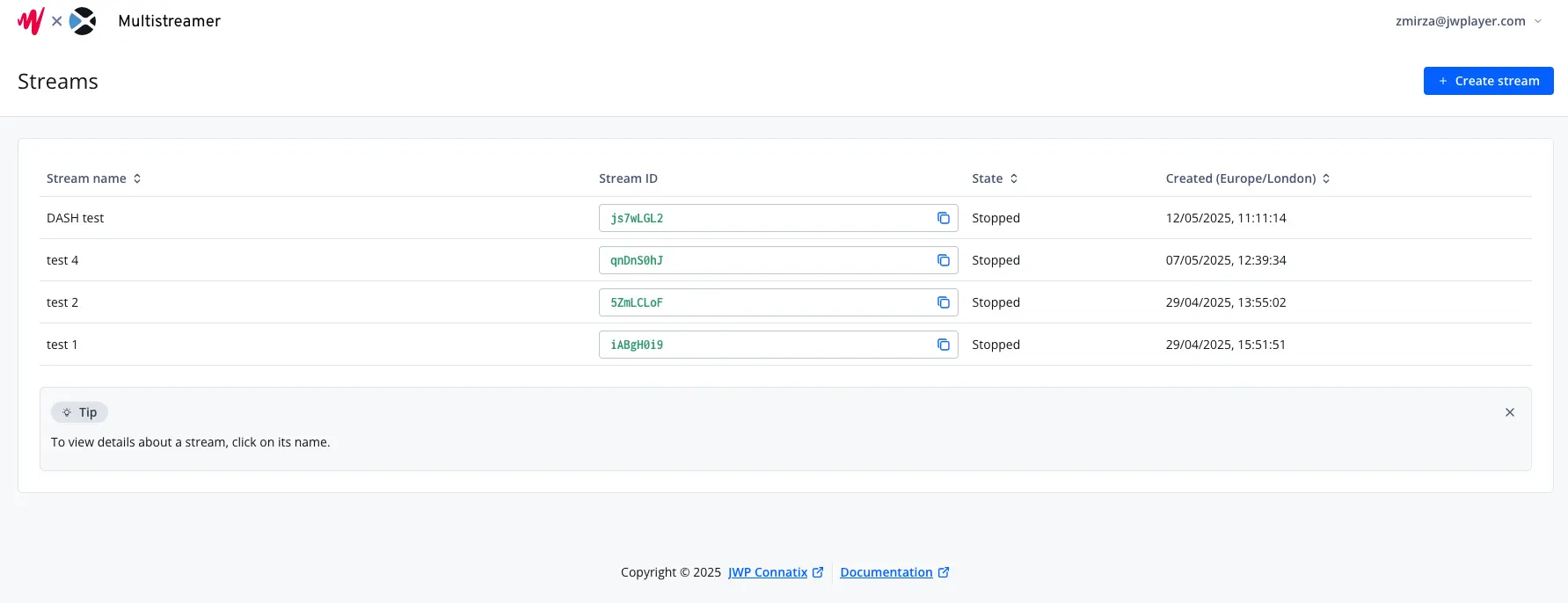 Screenshot of the streams page